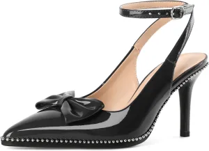 SAMMITOP Women's Slingback Heels with Bow Ankle Strap Pointed Toe Stilettos High Heel Beaded Pumps Wedding Work Dress Shoes 3.5 Inches