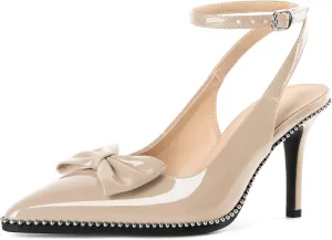 SAMMITOP Women's Slingback Heels with Bow Ankle Strap Pointed Toe Stilettos High Heel Beaded Pumps Wedding Work Dress Shoes 3.5 Inches