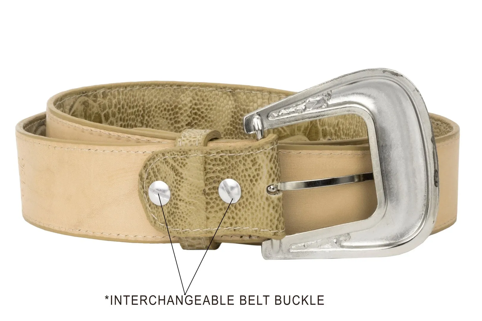 Sand Western Cowboy Belt Ostrich Leg Print Leather - Silver Buckle