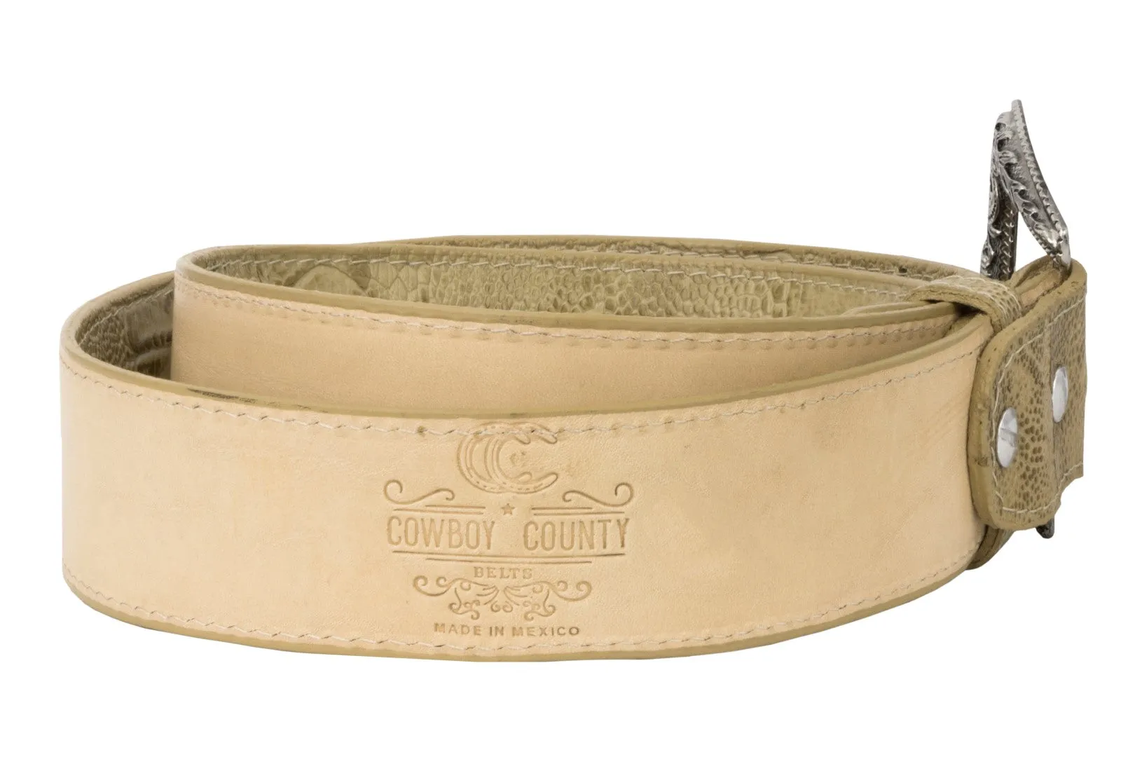 Sand Western Cowboy Belt Ostrich Leg Print Leather - Silver Buckle