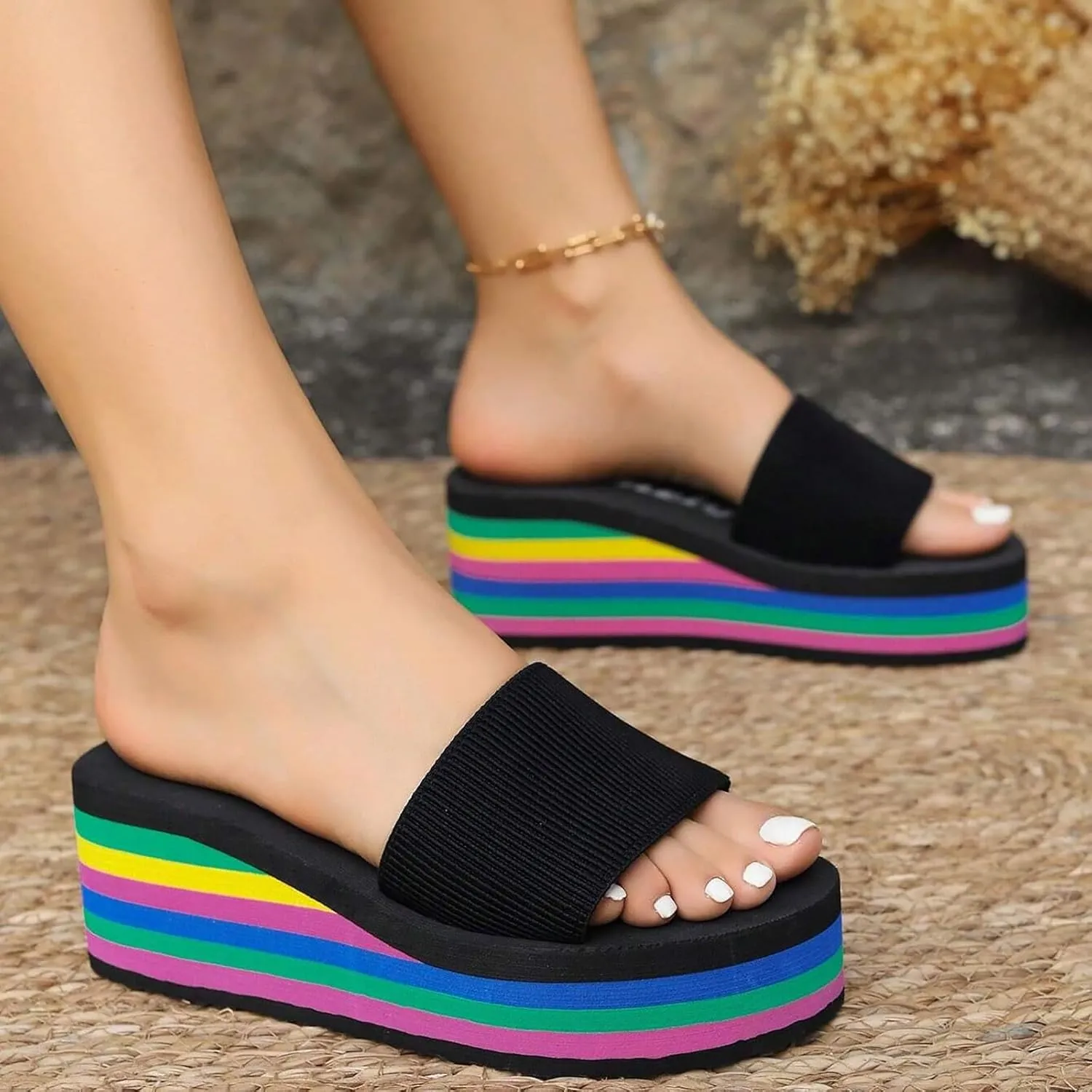 Sandals For Womens Colorful Rainbow Thong Sandals Lightweight Foam Thick Soles Wedge Heels Platform Home Flip Flops