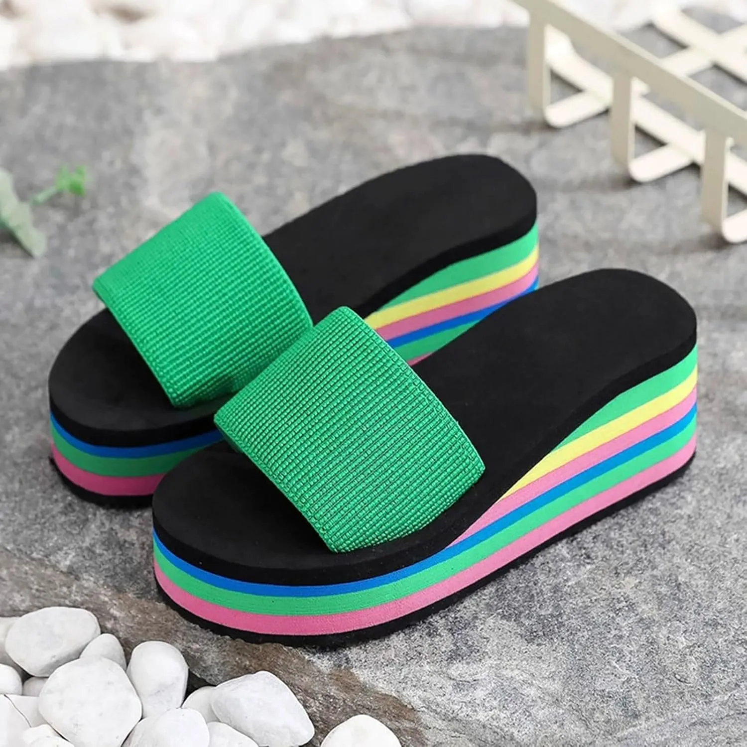 Sandals For Womens Colorful Rainbow Thong Sandals Lightweight Foam Thick Soles Wedge Heels Platform Home Flip Flops