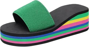 Sandals For Womens Colorful Rainbow Thong Sandals Lightweight Foam Thick Soles Wedge Heels Platform Home Flip Flops