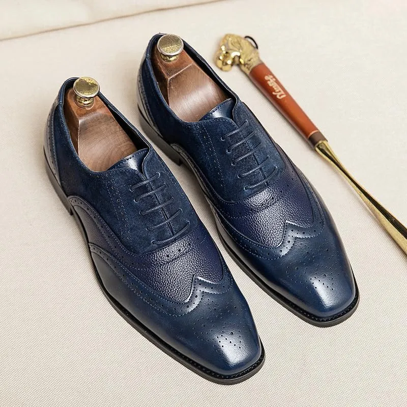 Santimon Men's Classic Modern Formal Oxford Wingtip Lace Up Dress Shoes, Two-Tone Perforated Brogues Uniform Casual Oxford Dress Shoes