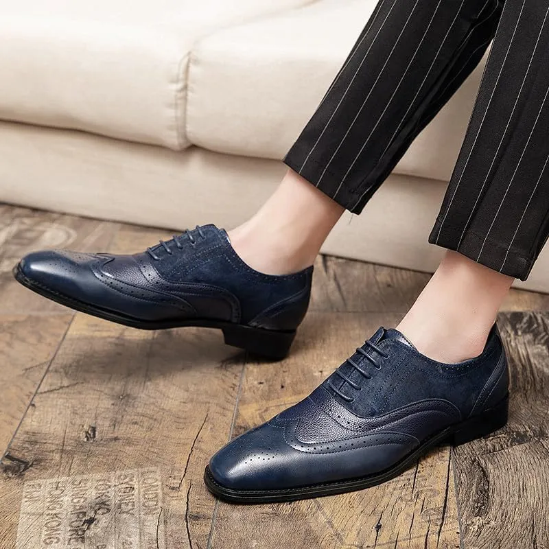 Santimon Men's Classic Modern Formal Oxford Wingtip Lace Up Dress Shoes, Two-Tone Perforated Brogues Uniform Casual Oxford Dress Shoes