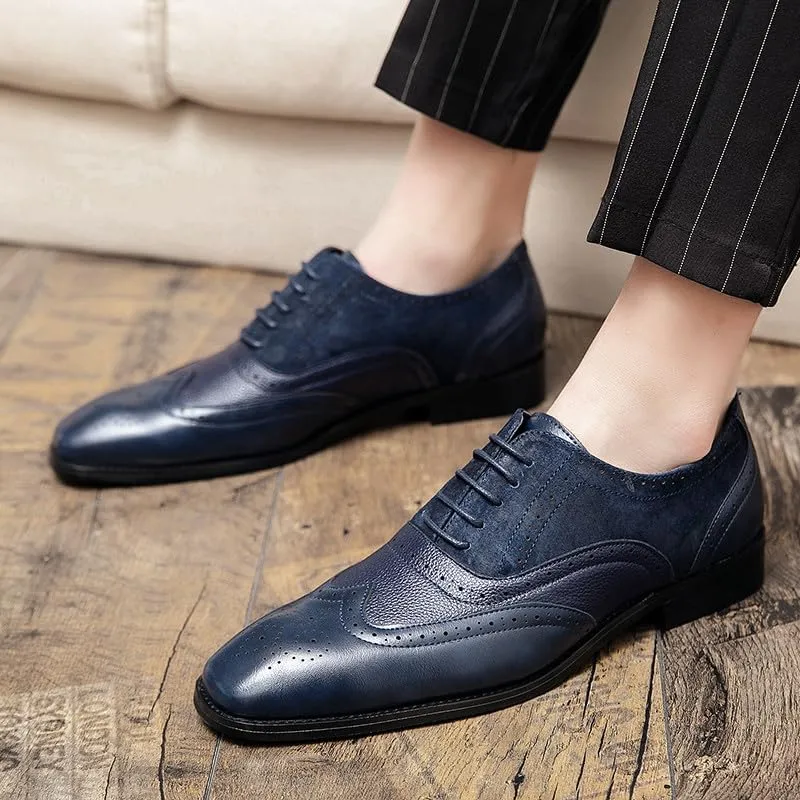 Santimon Men's Classic Modern Formal Oxford Wingtip Lace Up Dress Shoes, Two-Tone Perforated Brogues Uniform Casual Oxford Dress Shoes