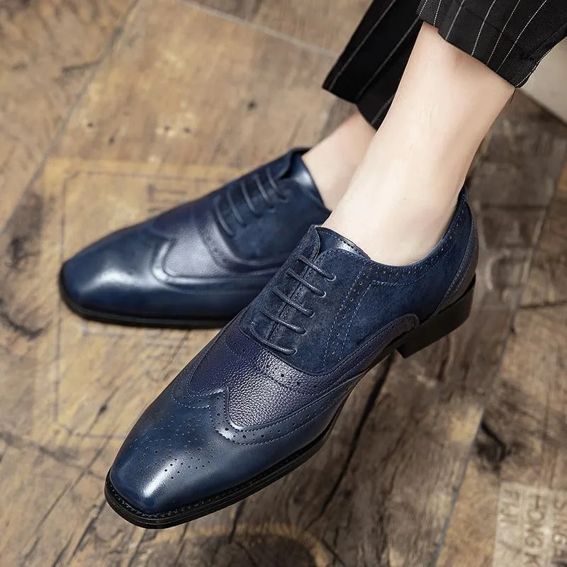 Santimon Men's Classic Modern Formal Oxford Wingtip Lace Up Dress Shoes, Two-Tone Perforated Brogues Uniform Casual Oxford Dress Shoes