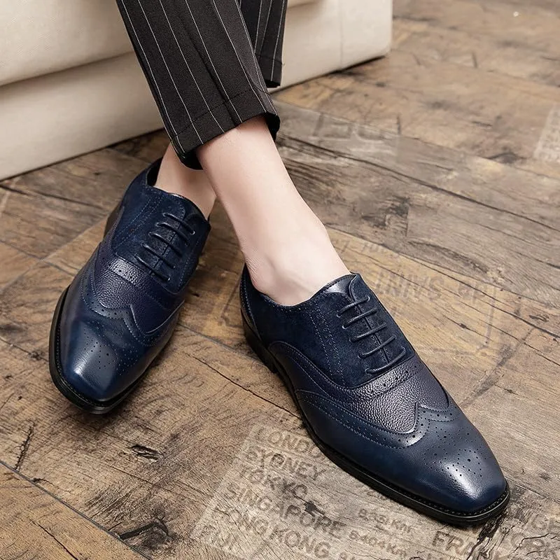 Santimon Men's Classic Modern Formal Oxford Wingtip Lace Up Dress Shoes, Two-Tone Perforated Brogues Uniform Casual Oxford Dress Shoes