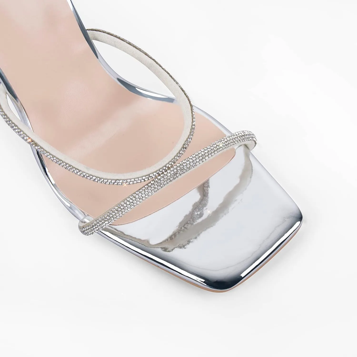 sexytag Women's Strappy Rhinestone Lace Up Heels Ankle Strap Square Open Toe Sexy Stiletto Heeled Sandals