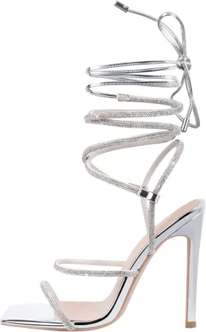 sexytag Women's Strappy Rhinestone Lace Up Heels Ankle Strap Square Open Toe Sexy Stiletto Heeled Sandals