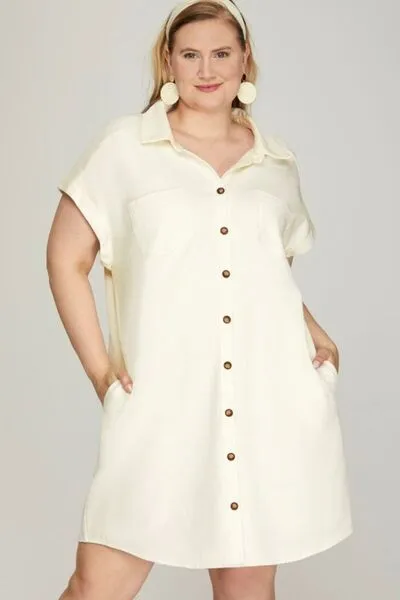 She   Sky Folded Cuff Button Down Washed Twill Shirt Dress In Ivory