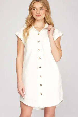 She   Sky Folded Cuff Button Down Washed Twill Shirt Dress In Ivory