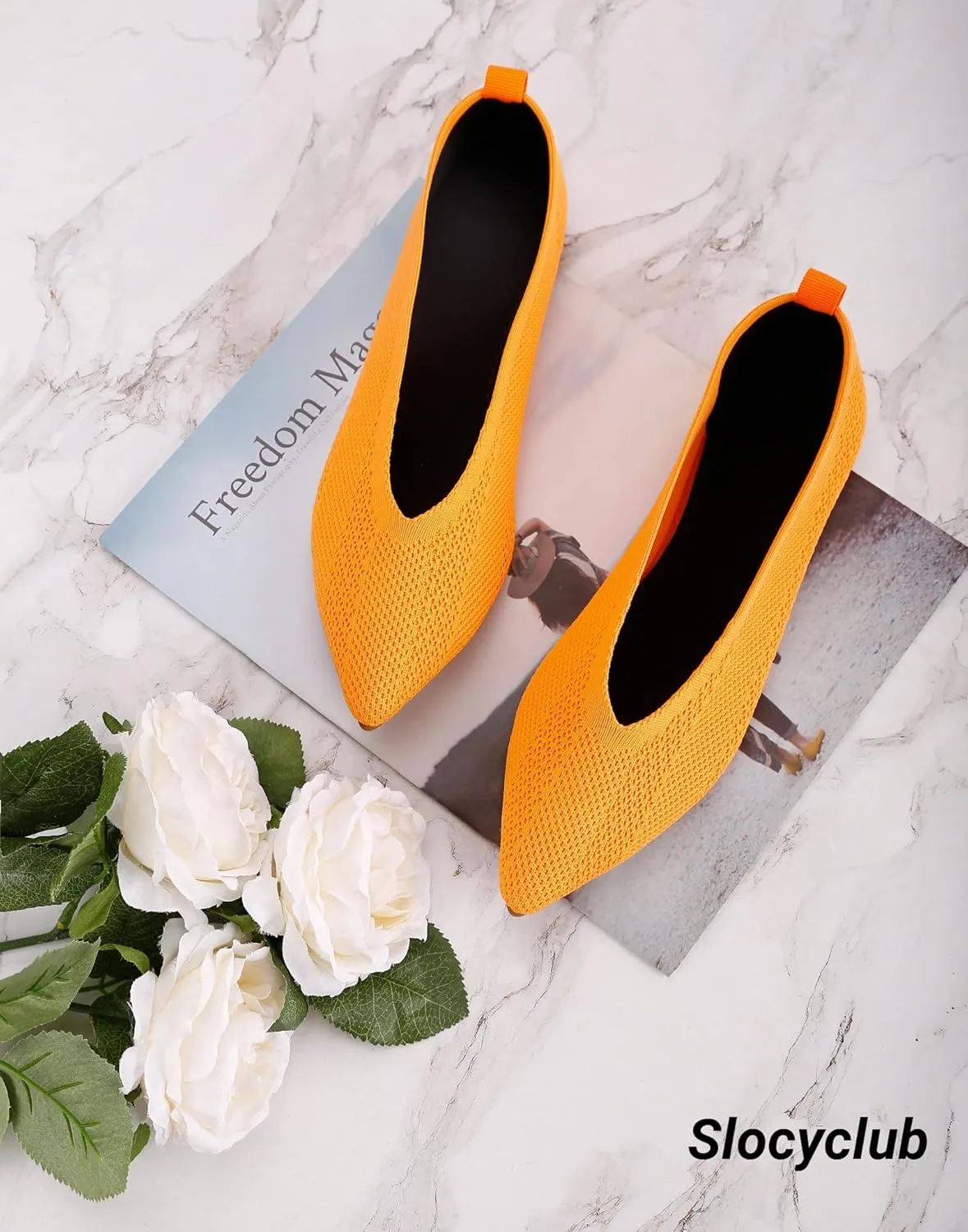 Slocyclub Flat Shoes for Women Classic Pointed Toe Slip On Ballet Shoes Knitted Texture Black Comfortable Dress Shoes