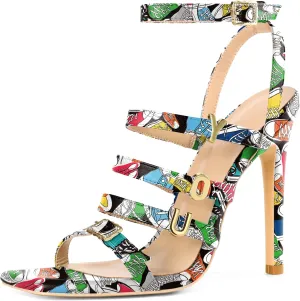 Soireelady Womens High Heel Sandals, Ankle Strap Open Toe Heels, Square Toe Stiletto Strappy Heeled Sandals 4 Inch Prom Party