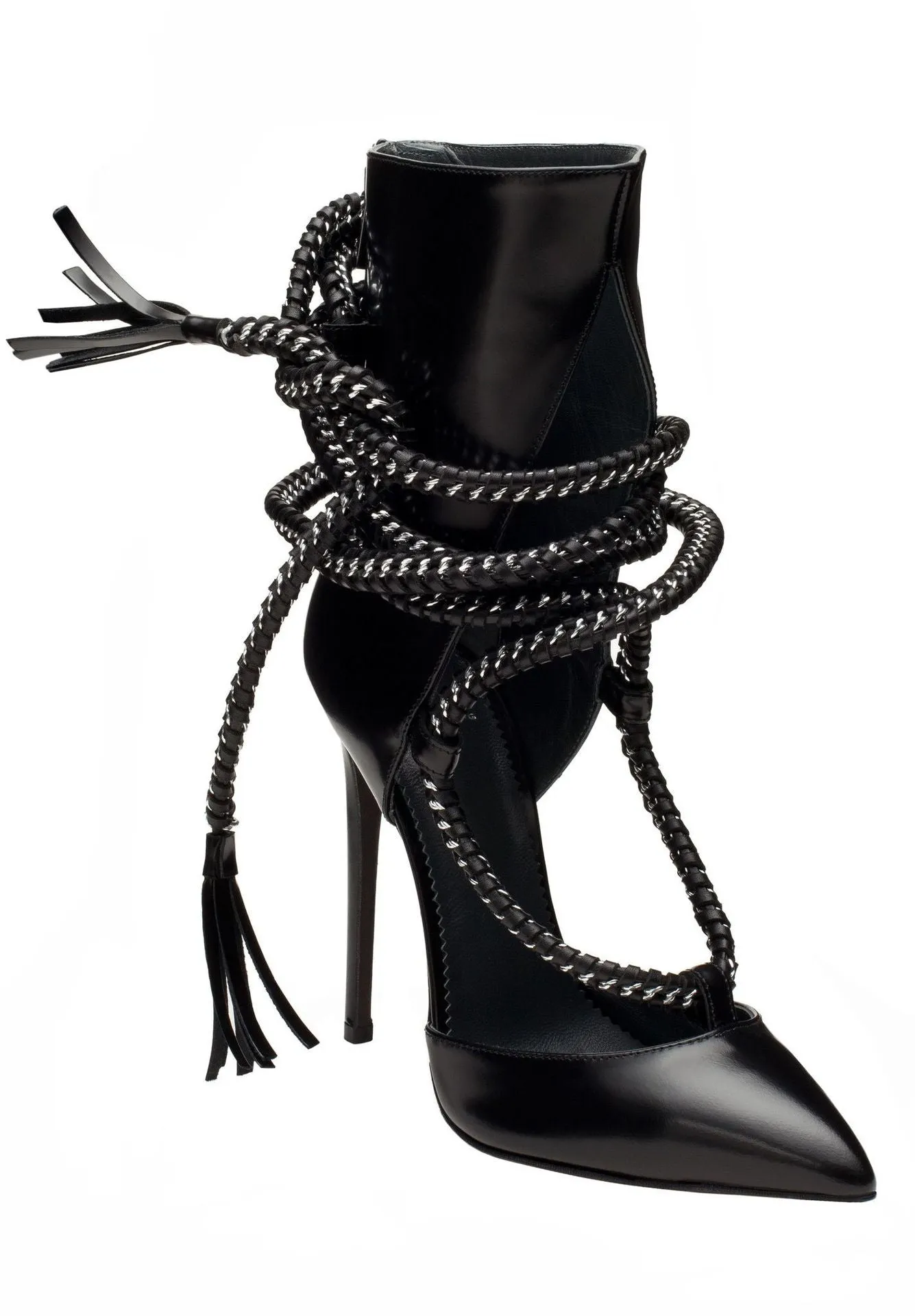Tassels Rivets Stiletto Heel Open-toe Zipper High Heel Black Sandals