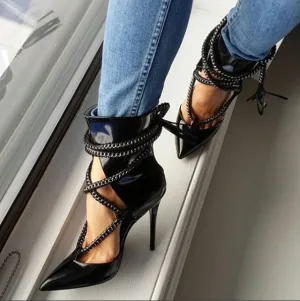 Tassels Rivets Stiletto Heel Open-toe Zipper High Heel Black Sandals