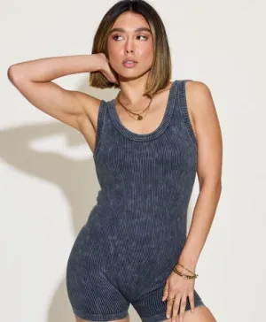 Tied Up Ribbed Acid Washed Sleeveless Romper
