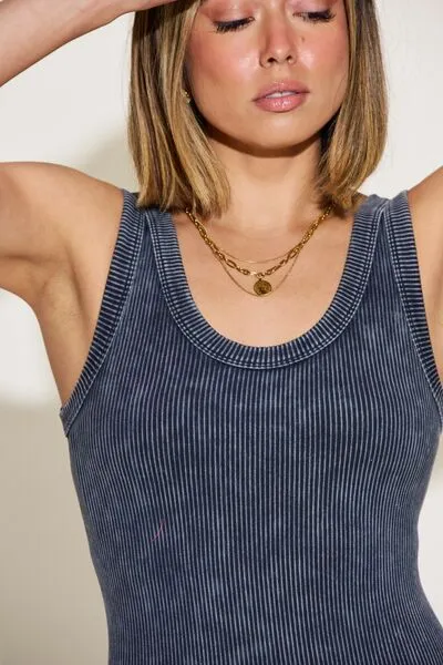 Tied Up Ribbed Acid Washed Sleeveless Romper
