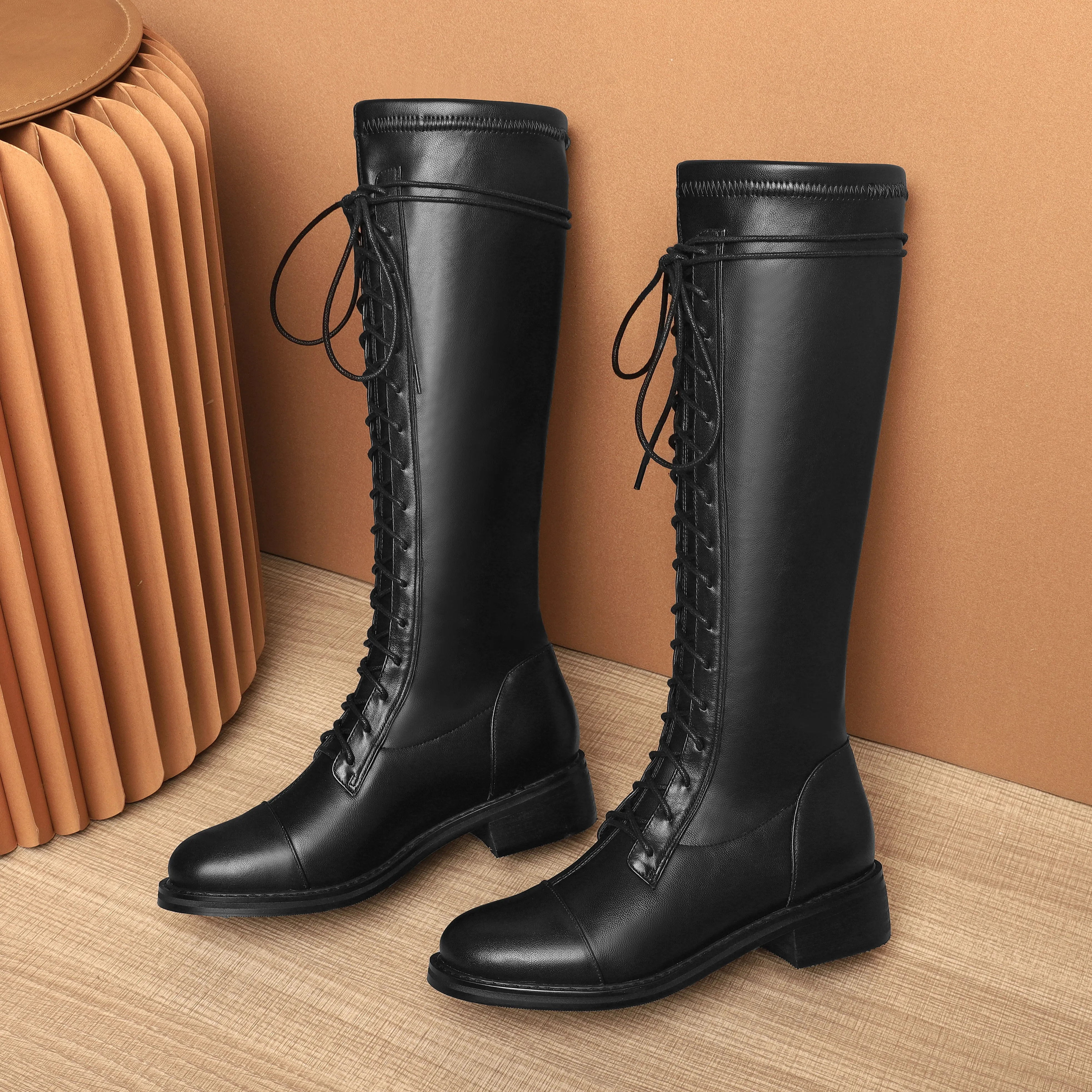 TinaCus Women's Round Toe Genuine Leather Handmade Selftie Low Chunky Heel Cool Knee High Boots