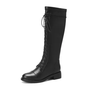 TinaCus Women's Round Toe Genuine Leather Handmade Selftie Low Chunky Heel Cool Knee High Boots
