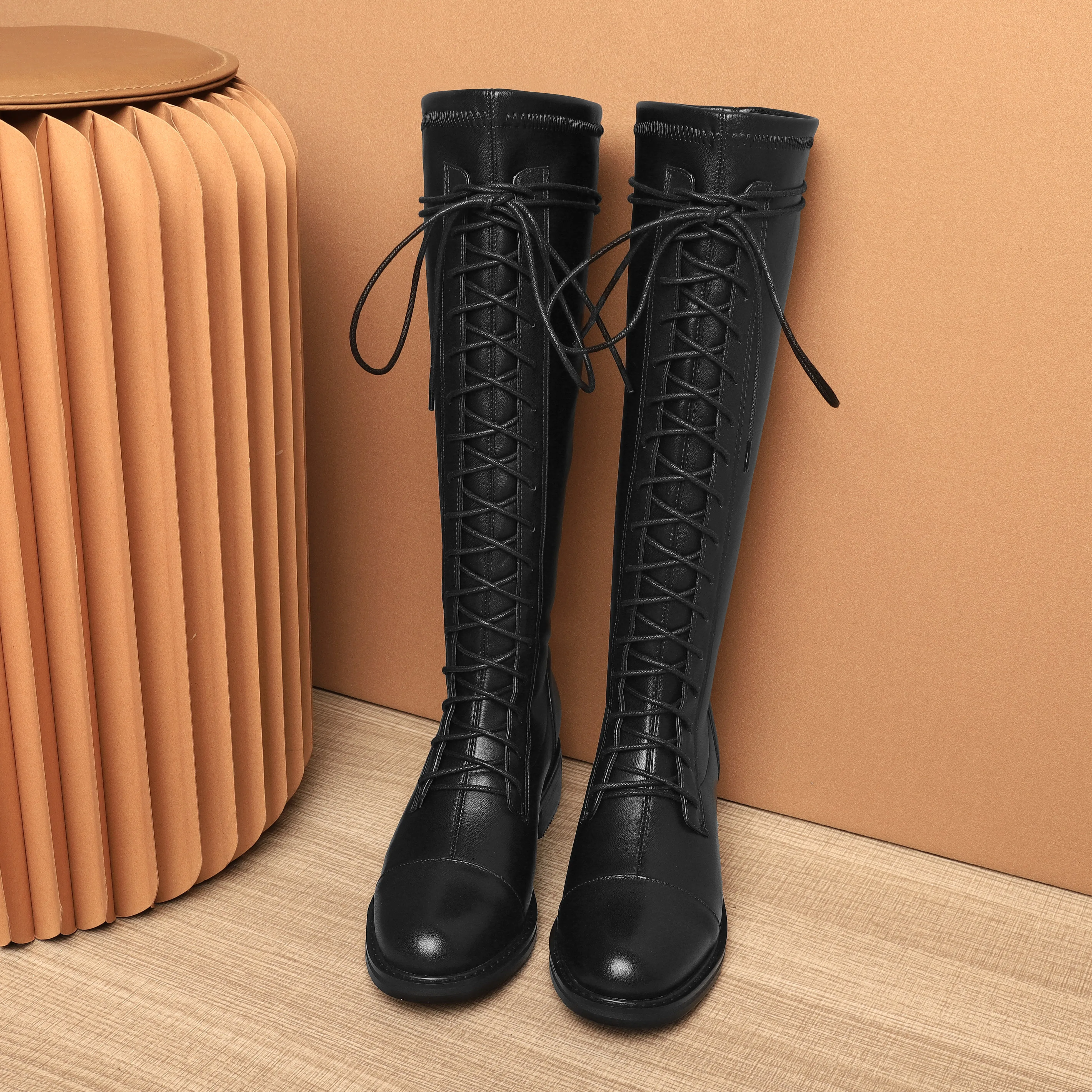 TinaCus Women's Round Toe Genuine Leather Handmade Selftie Low Chunky Heel Cool Knee High Boots