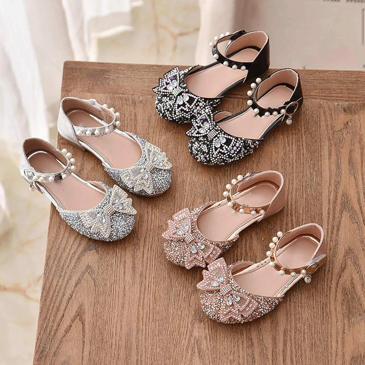 Toddler Flower Girl Dress Shoes Rhinstones Bow Mary Jane Ballet Flats Wedding Party Little Girls Sandals