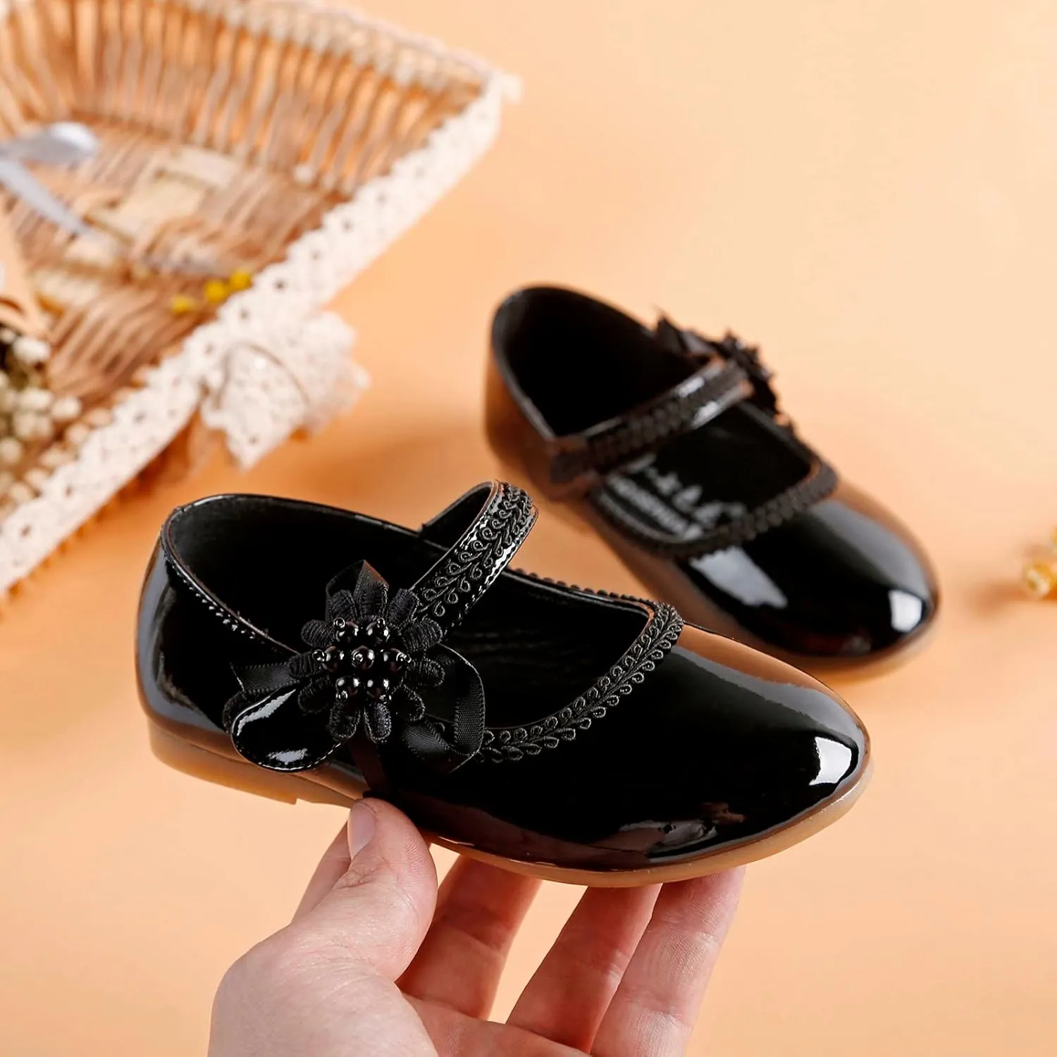 Toddler School Shoes Girls Mary Jane Dress Shoes with Flower Slip-On Casual Ballerina Flat for Wedding, Girls Shoes