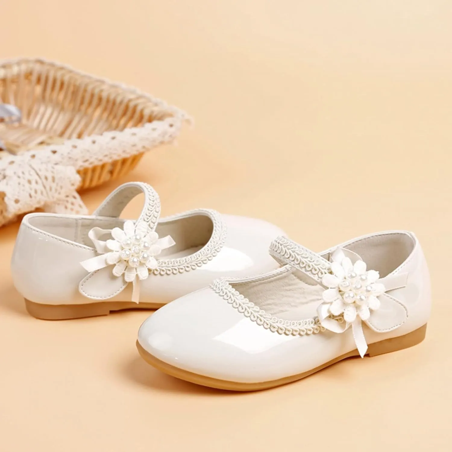 Toddler School Shoes Girls Mary Jane Dress Shoes with Flower Slip-On Casual Ballerina Flat for Wedding, Girls Shoes