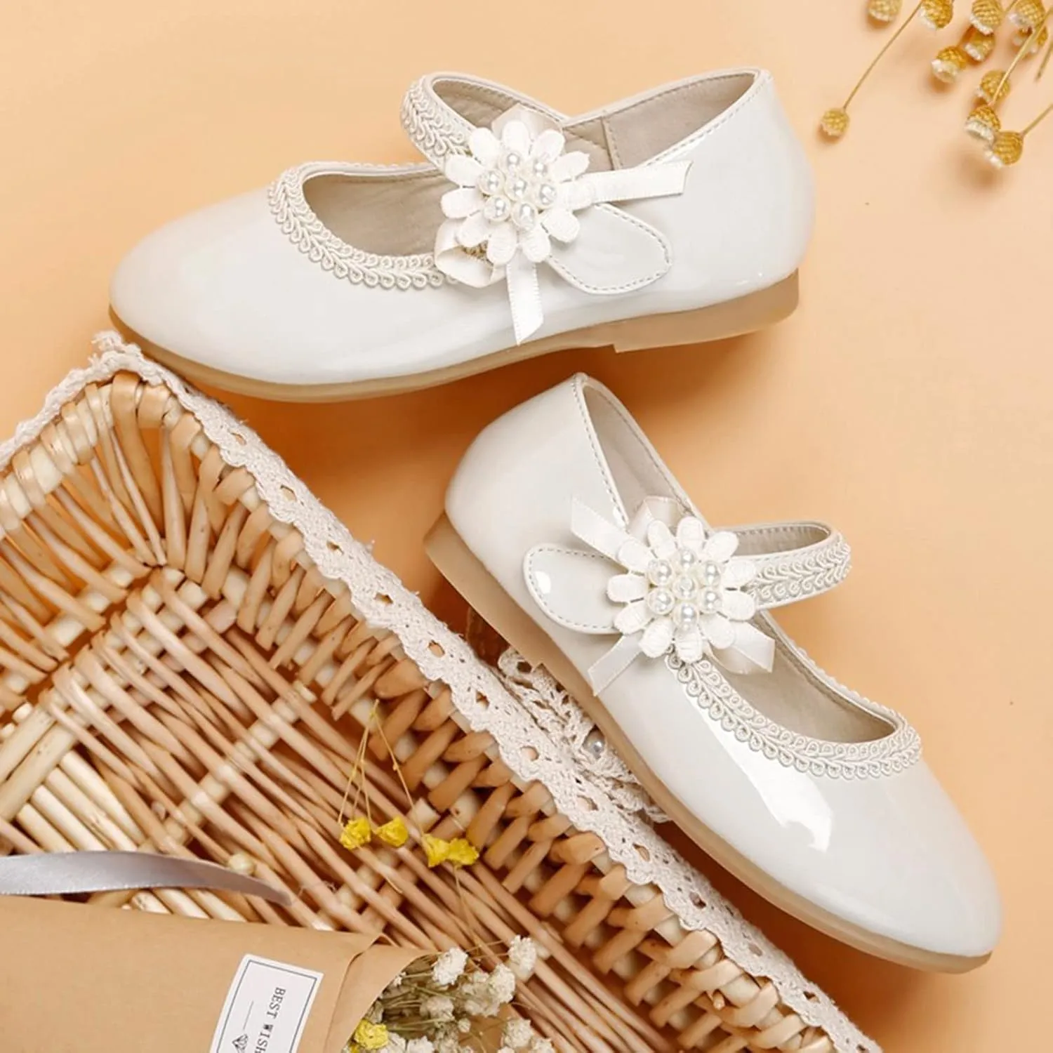 Toddler School Shoes Girls Mary Jane Dress Shoes with Flower Slip-On Casual Ballerina Flat for Wedding, Girls Shoes