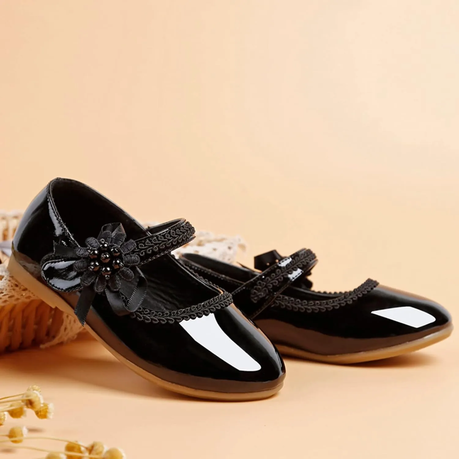 Toddler School Shoes Girls Mary Jane Dress Shoes with Flower Slip-On Casual Ballerina Flat for Wedding, Girls Shoes