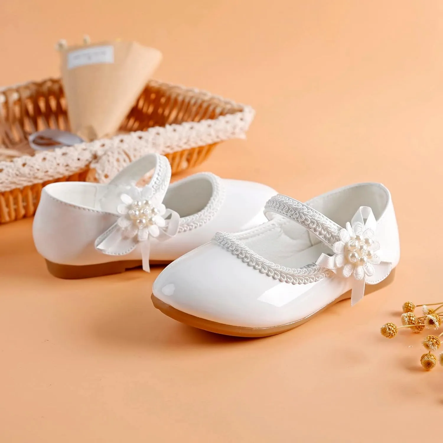Toddler School Shoes Girls Mary Jane Dress Shoes with Flower Slip-On Casual Ballerina Flat for Wedding, Girls Shoes