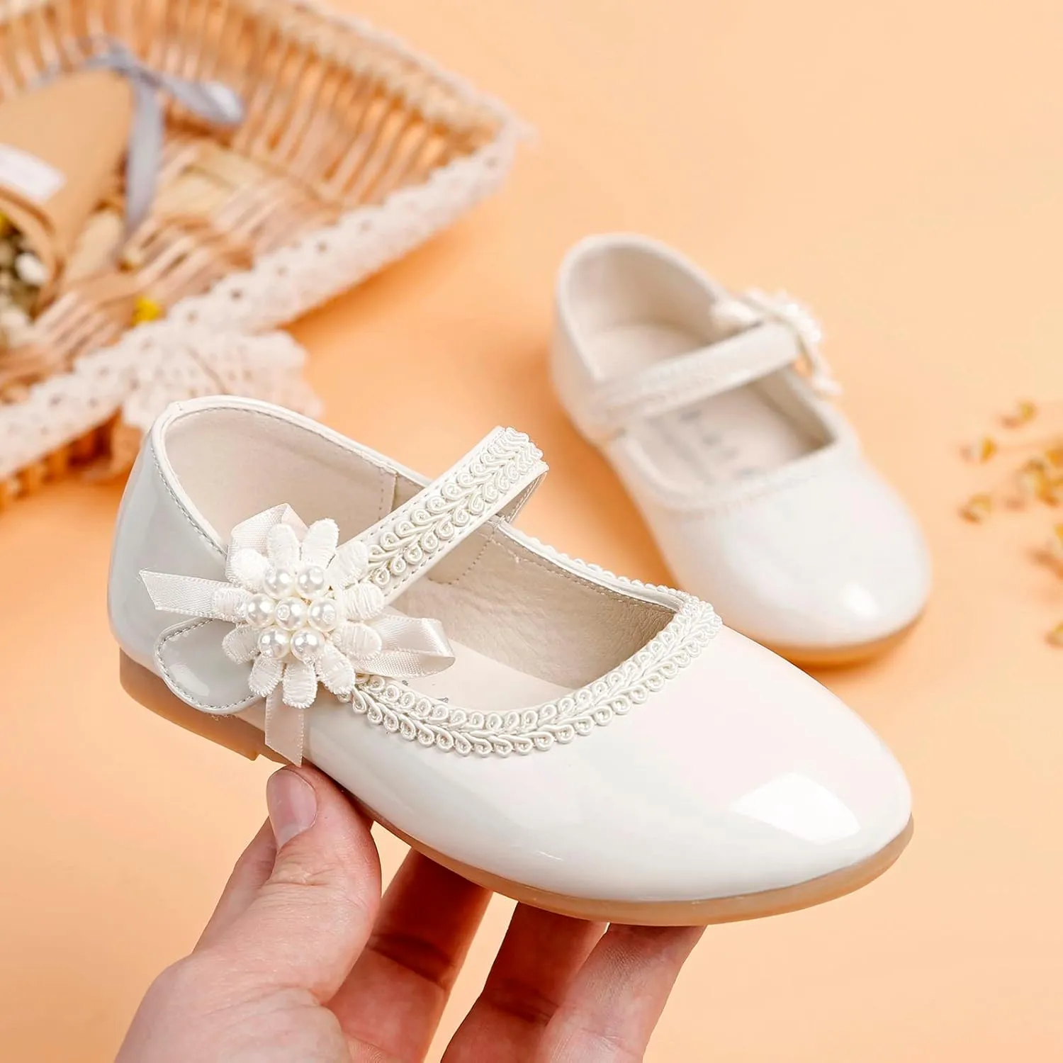 Toddler School Shoes Girls Mary Jane Dress Shoes with Flower Slip-On Casual Ballerina Flat for Wedding, Girls Shoes