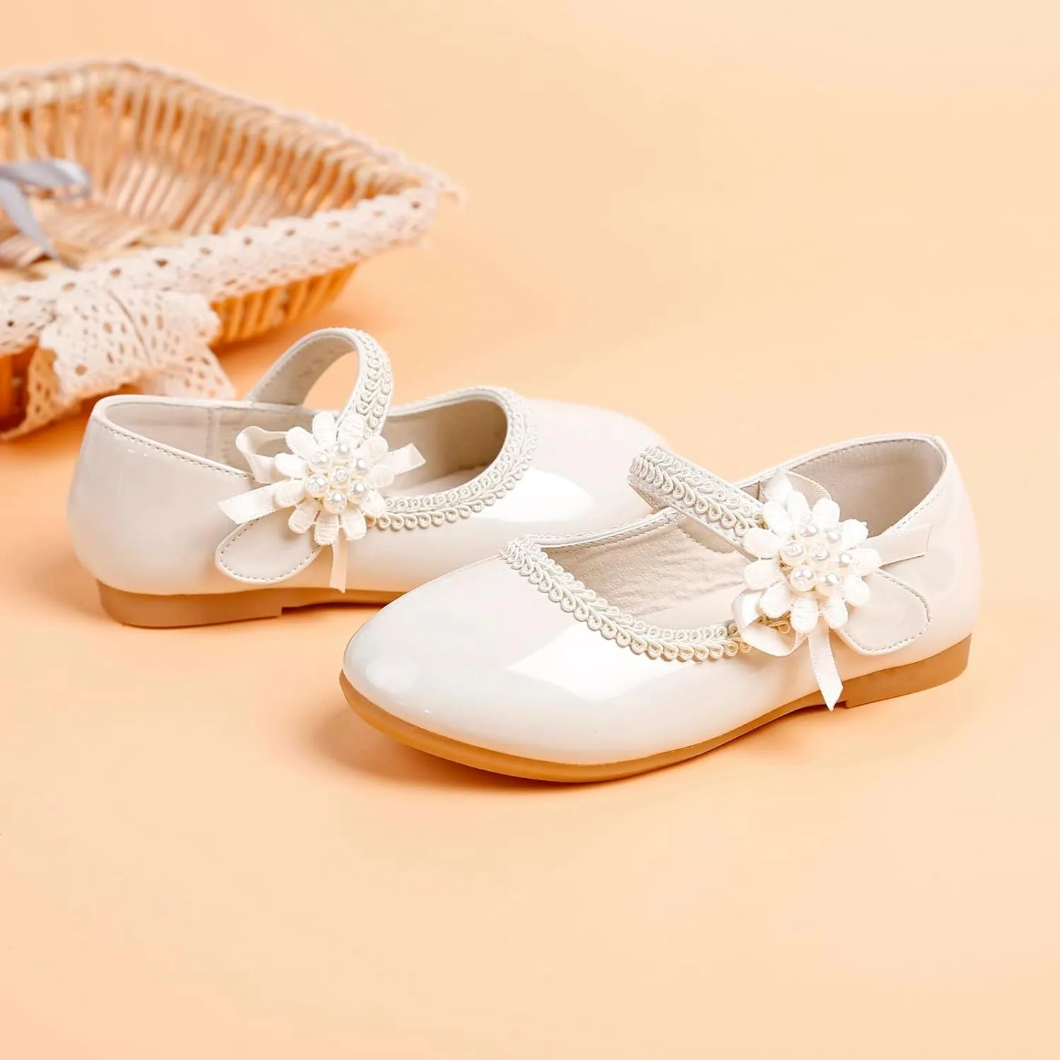 Toddler School Shoes Girls Mary Jane Dress Shoes with Flower Slip-On Casual Ballerina Flat for Wedding, Girls Shoes