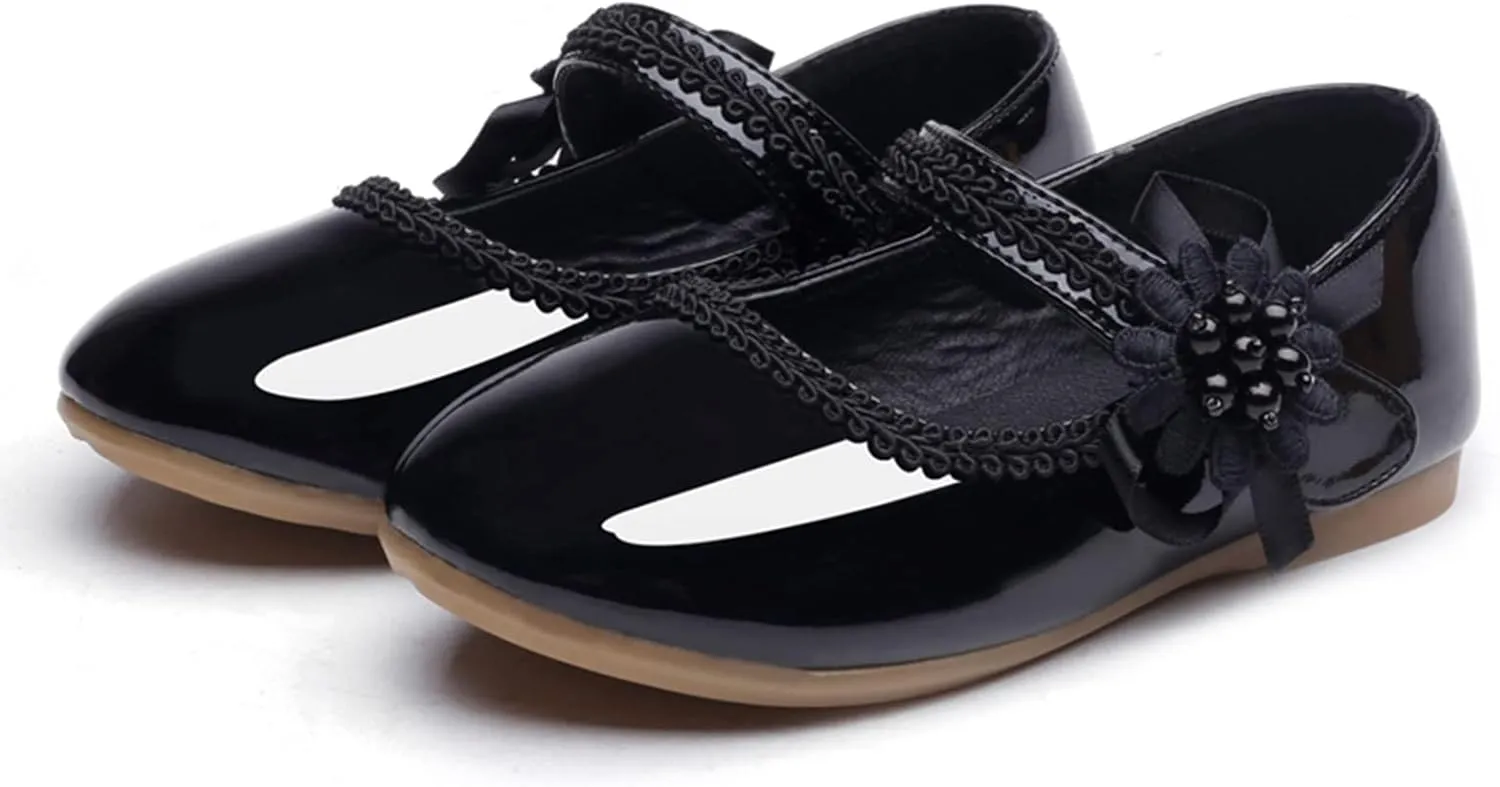 Toddler School Shoes Girls Mary Jane Dress Shoes with Flower Slip-On Casual Ballerina Flat for Wedding, Girls Shoes