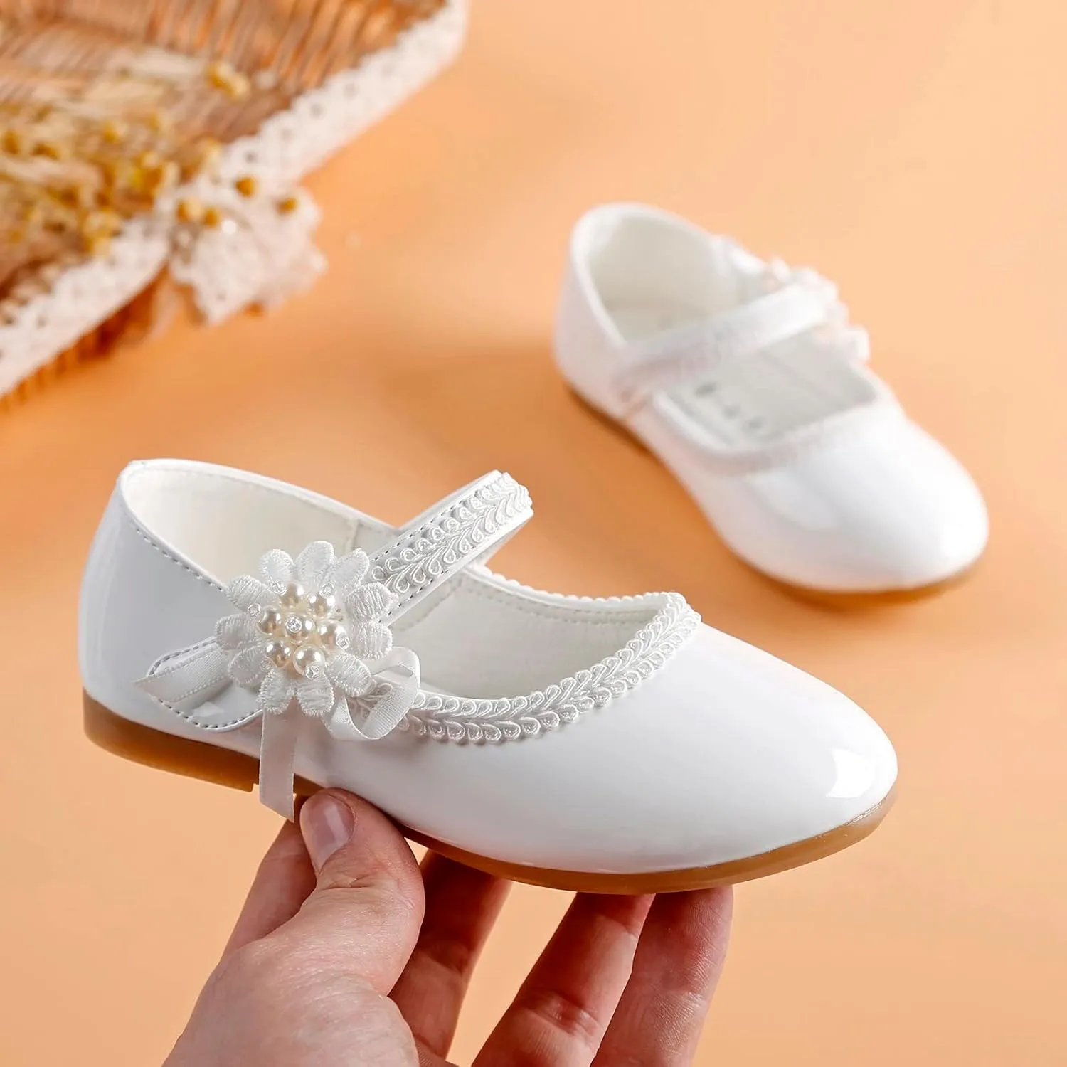 Toddler School Shoes Girls Mary Jane Dress Shoes with Flower Slip-On Casual Ballerina Flat for Wedding, Girls Shoes
