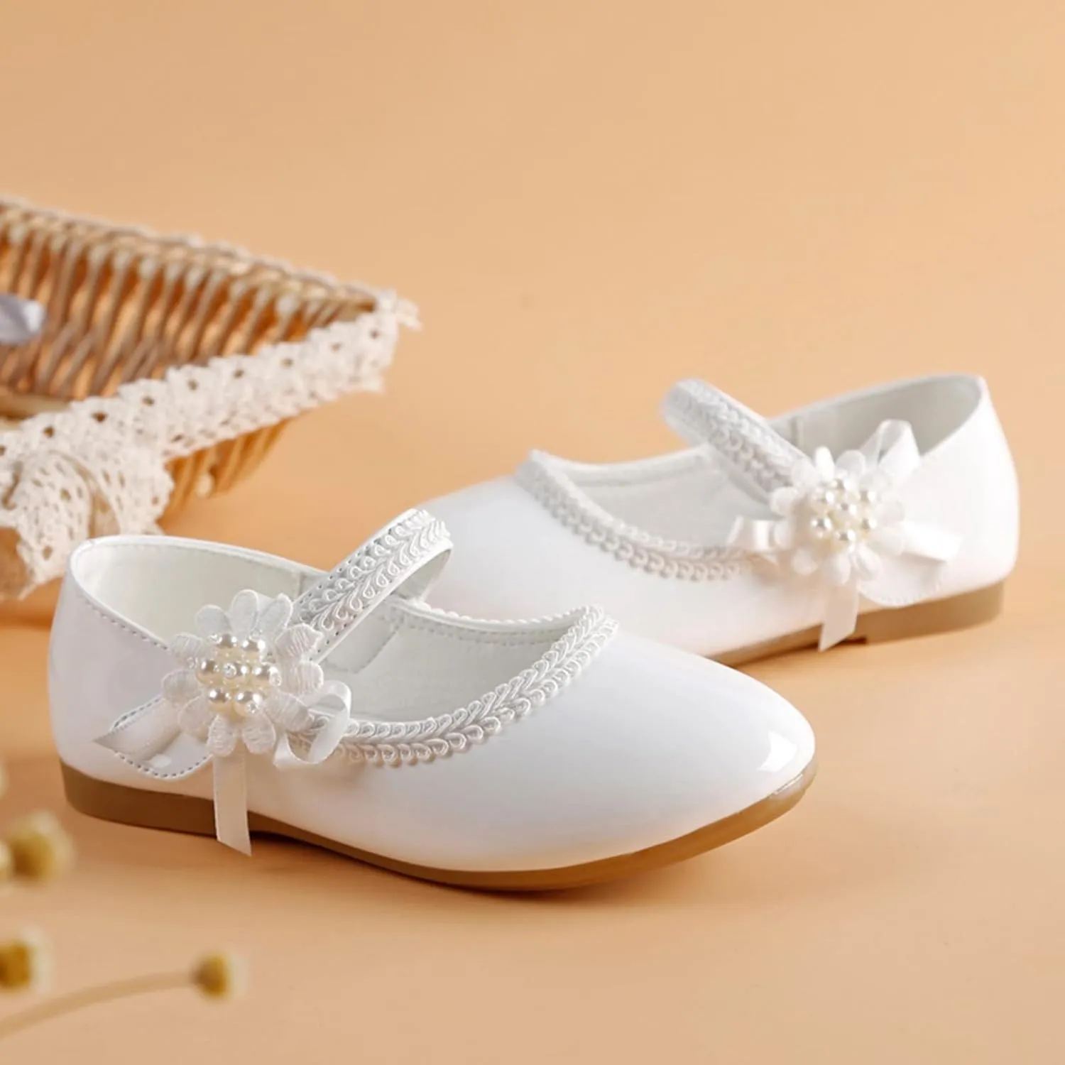 Toddler School Shoes Girls Mary Jane Dress Shoes with Flower Slip-On Casual Ballerina Flat for Wedding, Girls Shoes