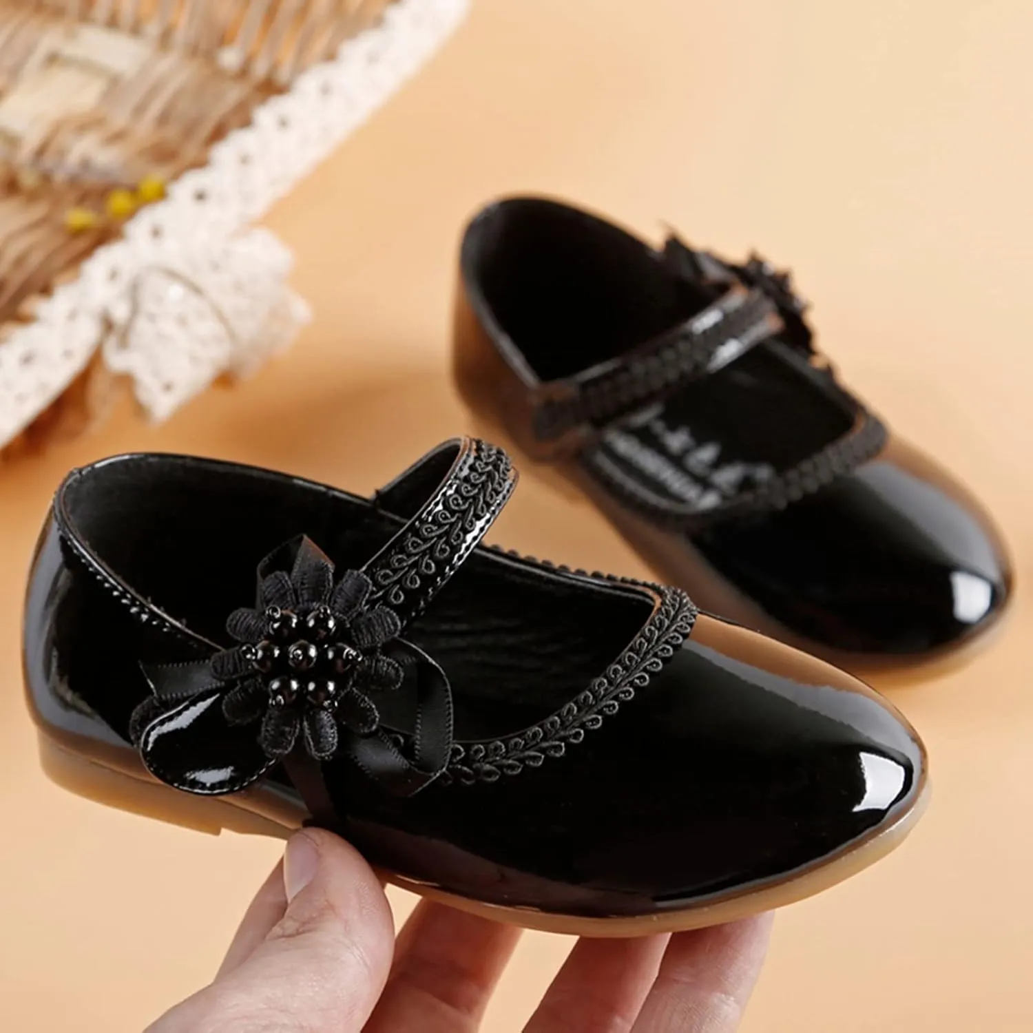 Toddler School Shoes Girls Mary Jane Dress Shoes with Flower Slip-On Casual Ballerina Flat for Wedding, Girls Shoes
