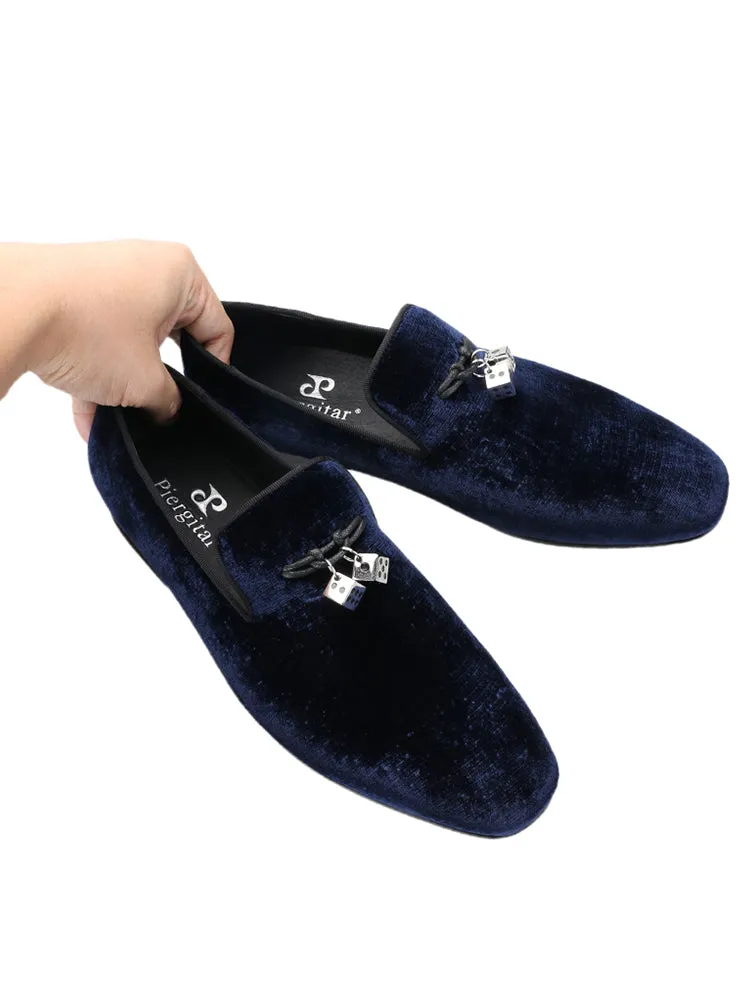 Upgraded version of dark blue mulberry velvet European and American loafers for men titanium steel dice metal buckle slip-ons