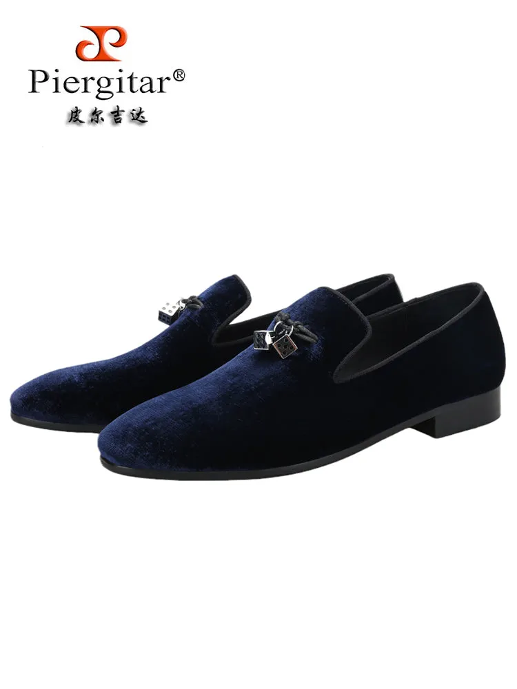 Upgraded version of dark blue mulberry velvet European and American loafers for men titanium steel dice metal buckle slip-ons