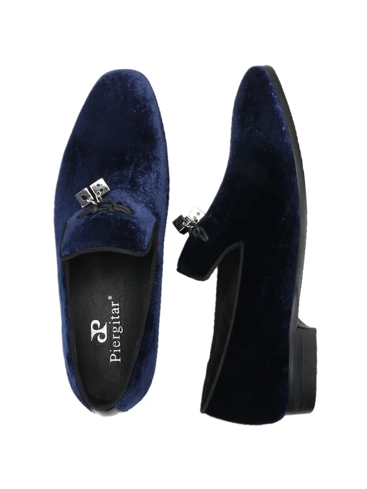 Upgraded version of dark blue mulberry velvet European and American loafers for men titanium steel dice metal buckle slip-ons