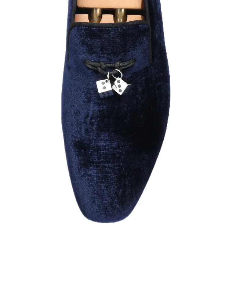 Upgraded version of dark blue mulberry velvet European and American loafers for men titanium steel dice metal buckle slip-ons