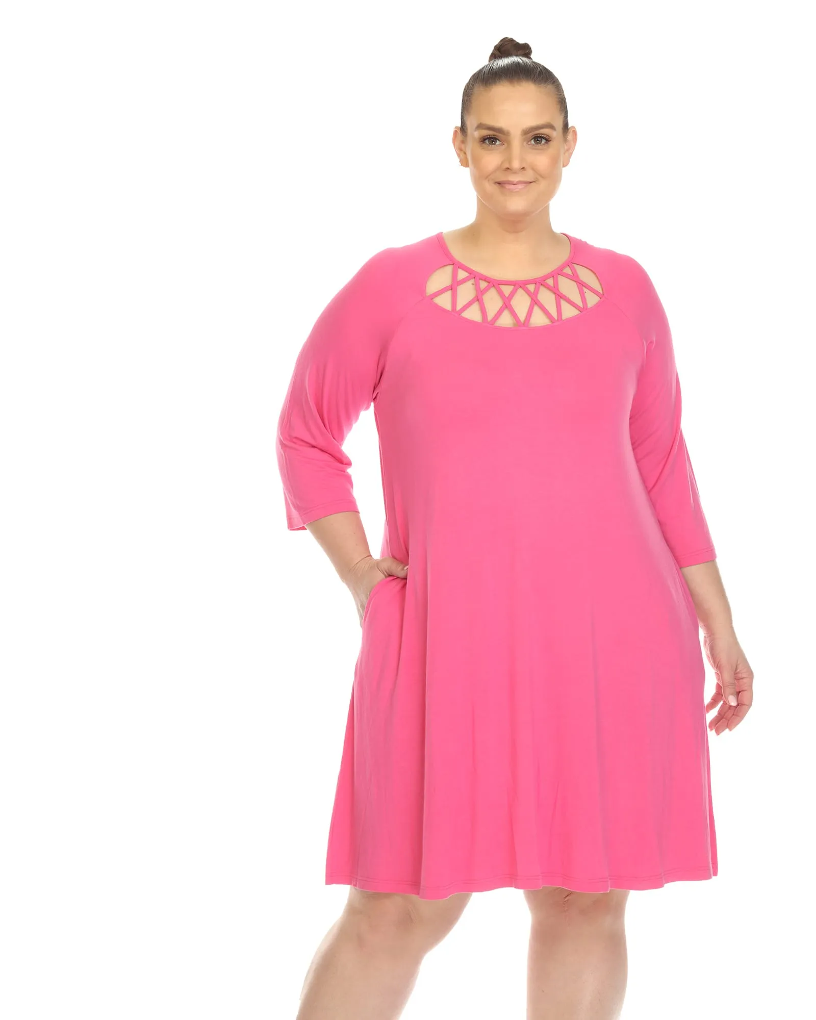 White Mark Women's  Criss Cross Neckline Swing Midi Dress | Fuchsia