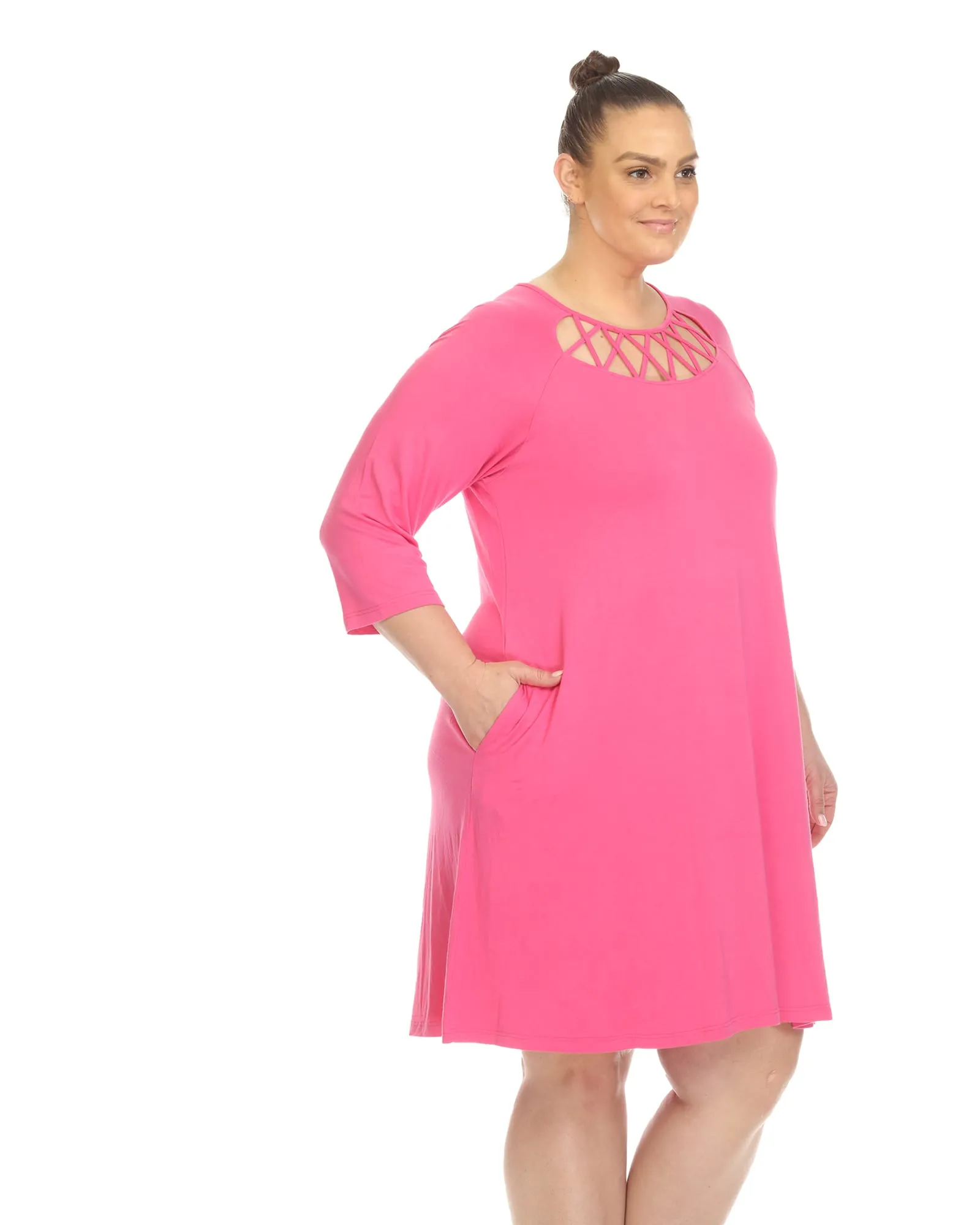 White Mark Women's  Criss Cross Neckline Swing Midi Dress | Fuchsia