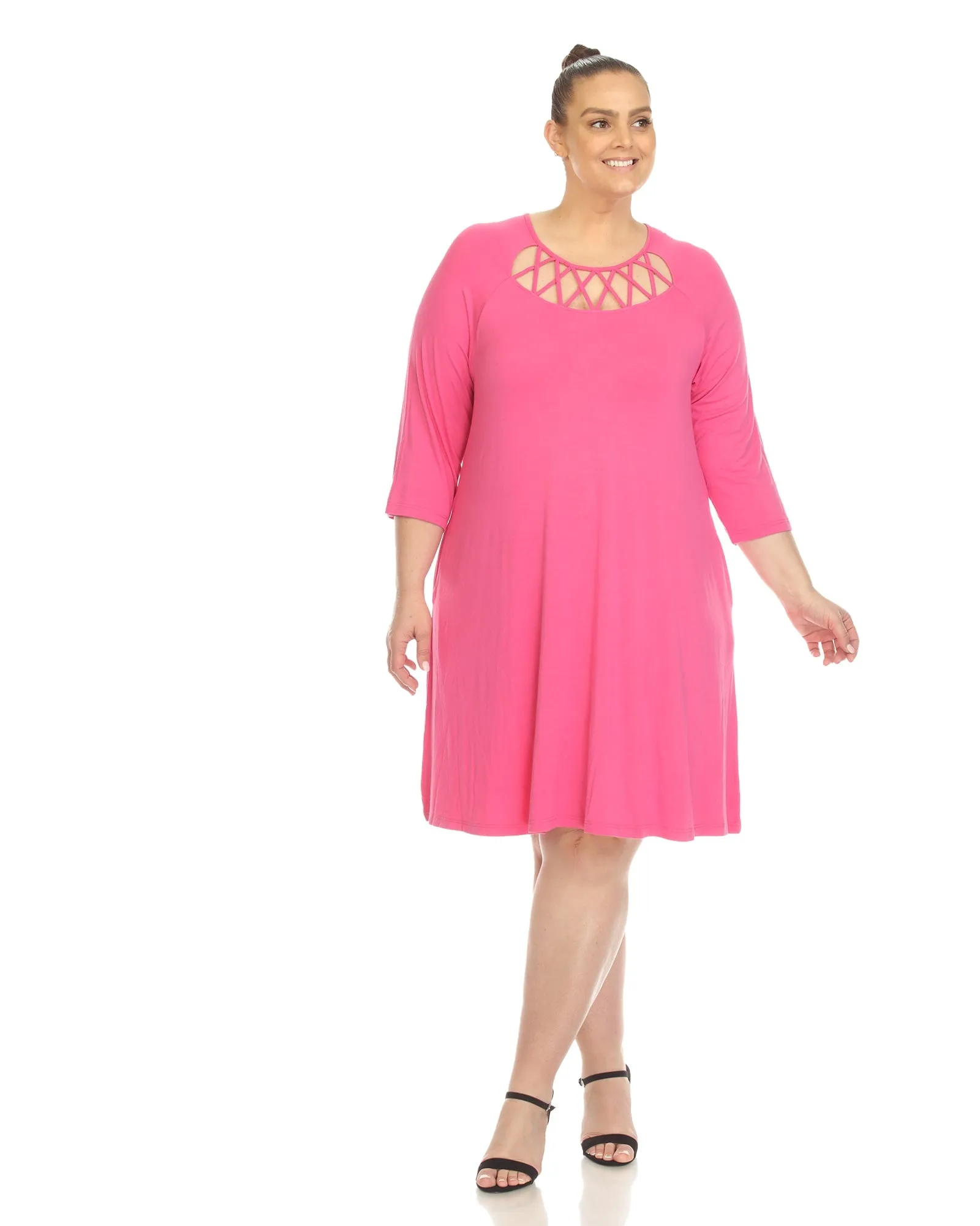 White Mark Women's  Criss Cross Neckline Swing Midi Dress | Fuchsia