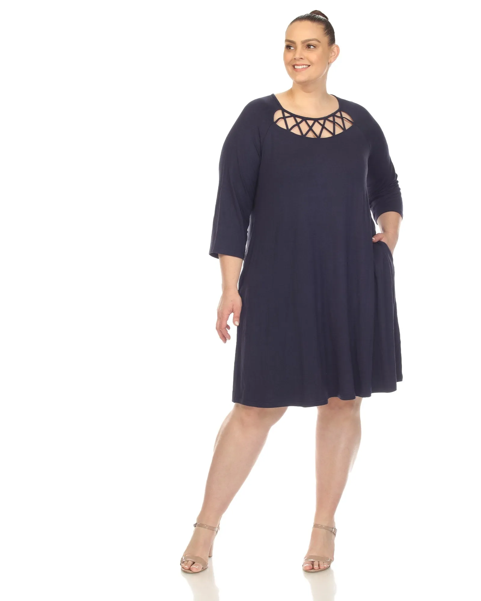 White Mark Women's  Criss Cross Neckline Swing Midi Dress | Navy