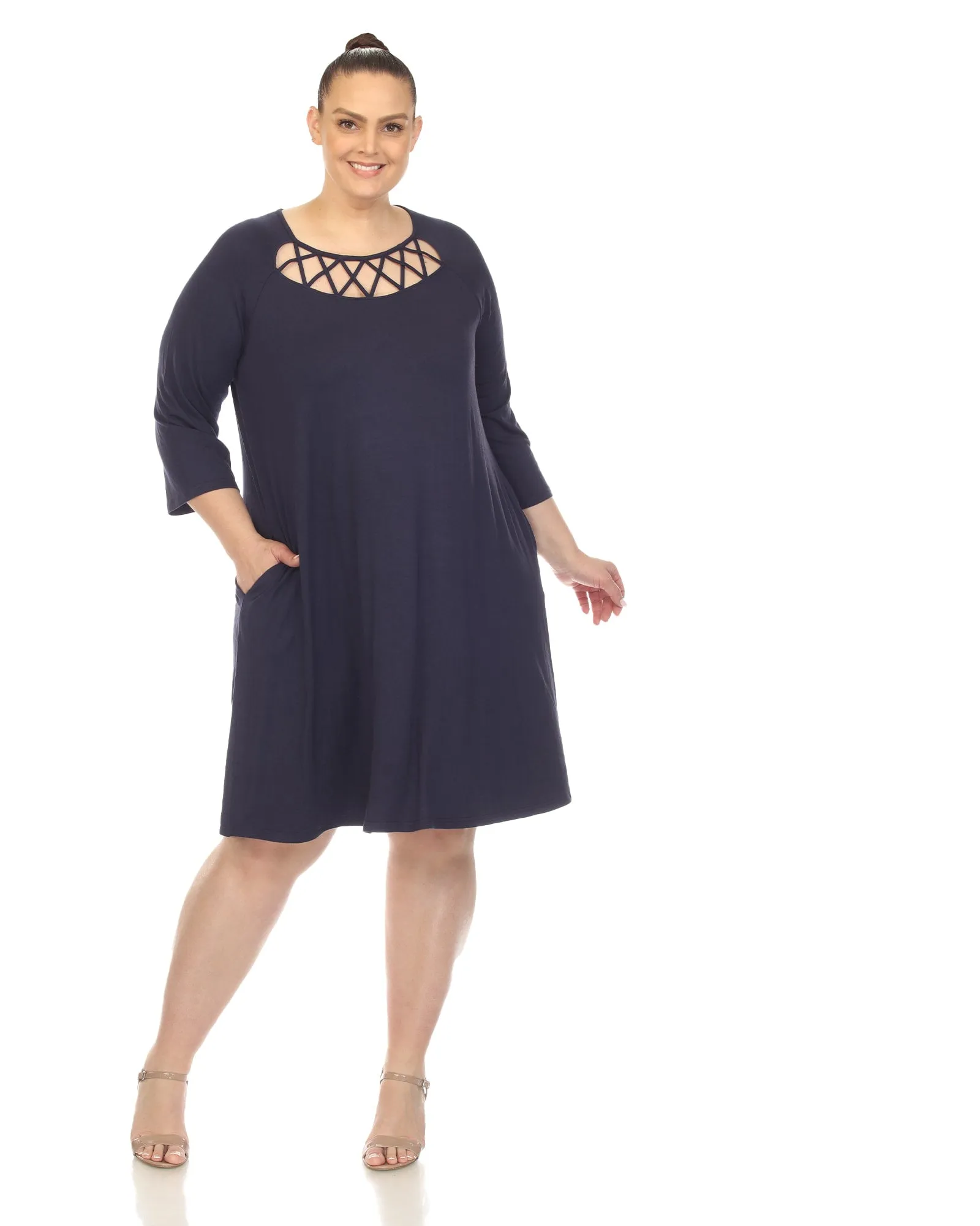 White Mark Women's  Criss Cross Neckline Swing Midi Dress | Navy