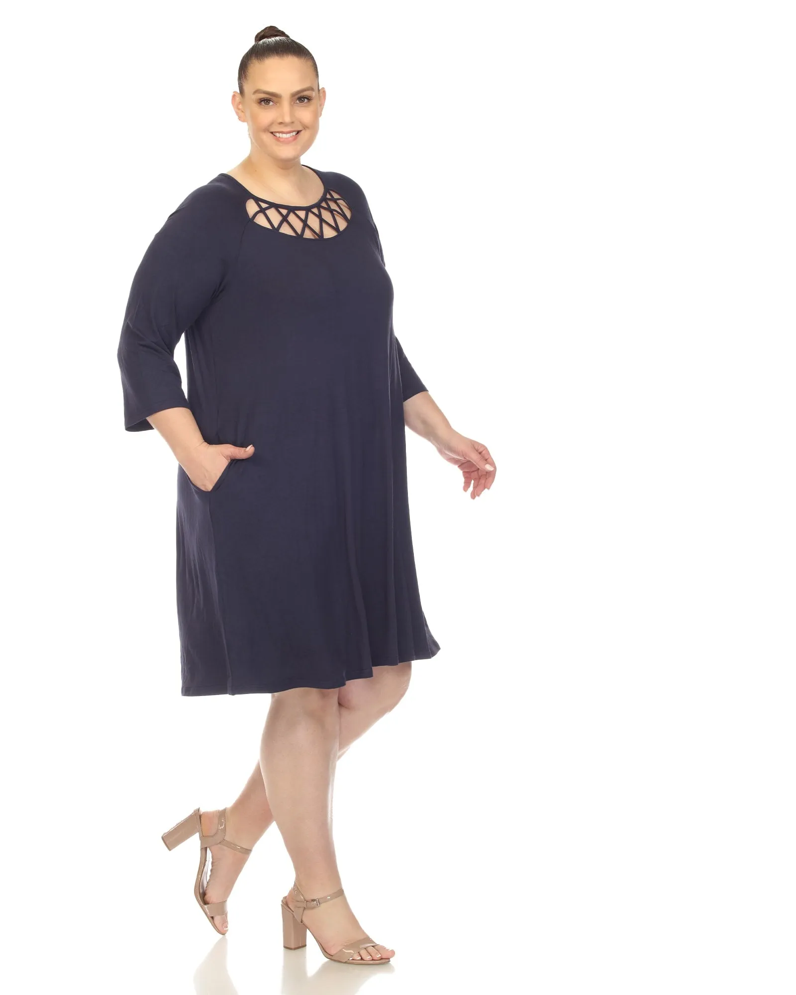 White Mark Women's  Criss Cross Neckline Swing Midi Dress | Navy