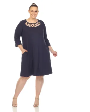 White Mark Women's  Criss Cross Neckline Swing Midi Dress | Navy
