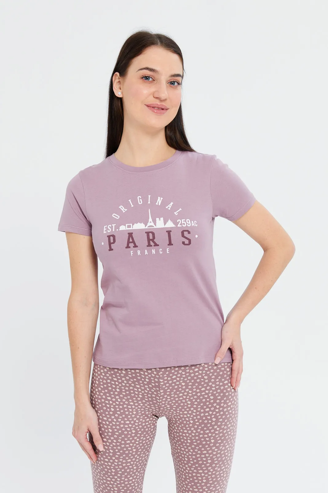 Women Mauve Paris Printed T-Shirt