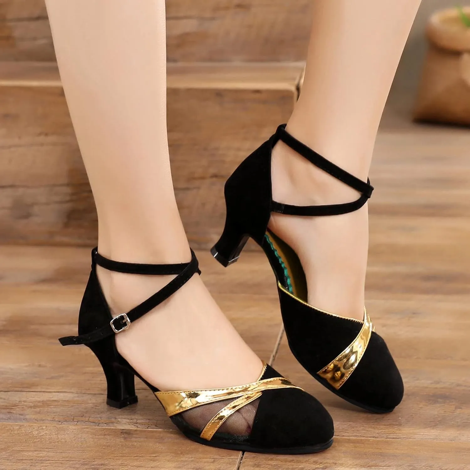 Women Rhinestone Ballroom Dance Shoes Latin Performance Dance Shoes T Strap Sandals for Women Heeled